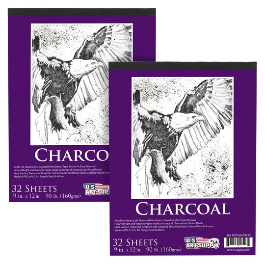 U.S. Art Supply; 9" x 12" Premium Heavy-Weight Charcoal Sketchbook (2 Pack, 64 Sheets Total) - 90lb (160gsm) Sketch Book Pad for Charcoal, Pencil & Pastel Drawing; Category:Mixed Media Paper; Image:1